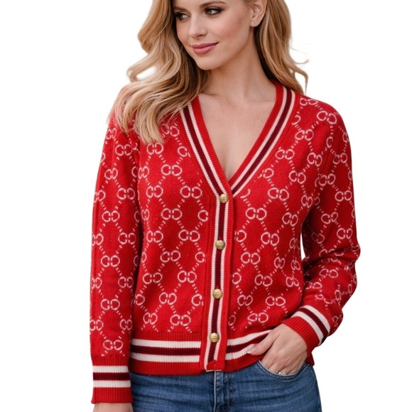 Chic Happens Sweaters - Retro Y2K Allover Print Cardigan Sweater Women S Red Sportwear Old Money NEW